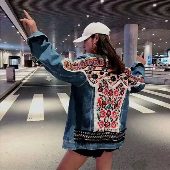 Denim bohemian stitched Aztec tribal floral embroidered denim jacket coat - Picture 12 of 16